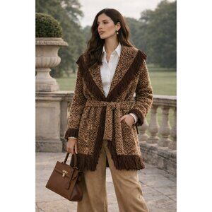 NWT Banana Republic Arella Jacquard Fringe Cardigan Sweater Brown Belted S Boho